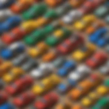 A colorful array of LEGO bricks assembled into various race car models