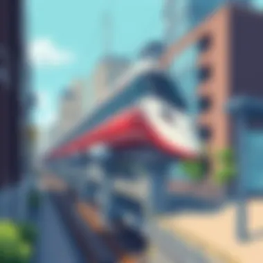 An artist's rendering of a maglev train station integrated into urban infrastructure