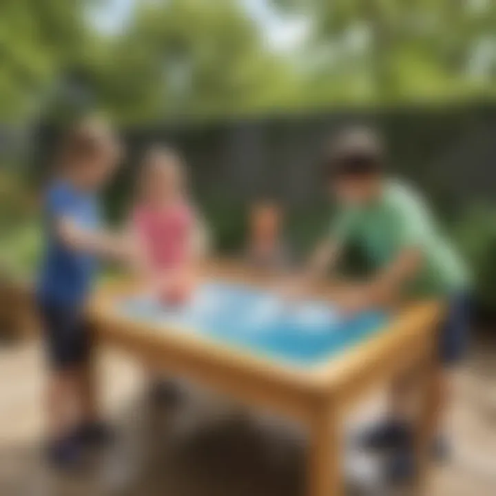 Children engaging with a water play table in an outdoor setting