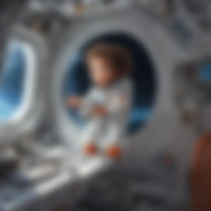 Child astronaut exploring a space station with futuristic technology