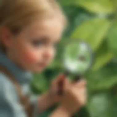 Illustration of a child using a magnifying glass to examine a beetle on a leaf