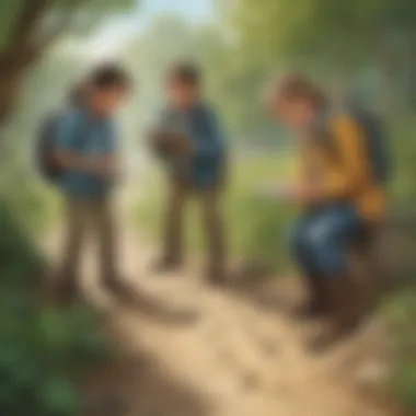 Illustration of a group of diverse children studying animal footprints in the wild