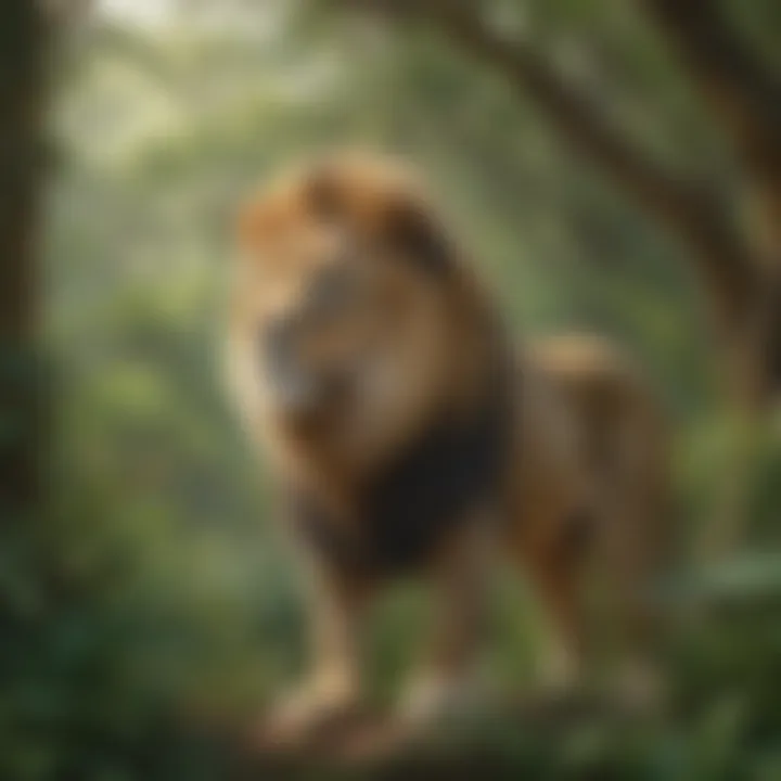 Illustration of a lion in a lush jungle setting