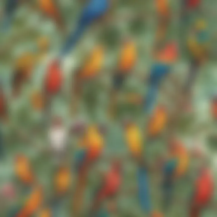 Illustration of a colorful array of tropical birds perched on branches