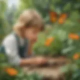 Illustration of a young child observing a butterfly in a garden