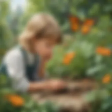 Illustration of a young child observing a butterfly in a garden