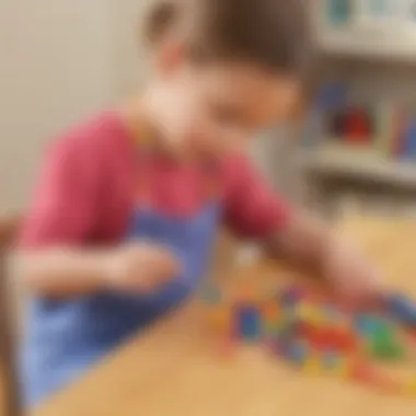 Preschooler threading colorful beads on a string