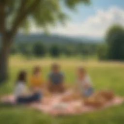 Friends enjoying a scenic picnic in the meadow
