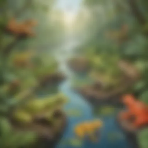 Colorful illustration of various frog species in their natural habitat