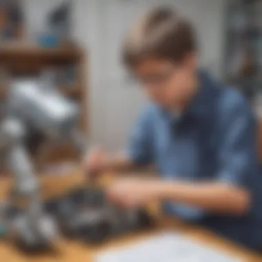 Young boy assembling and programming a small robot