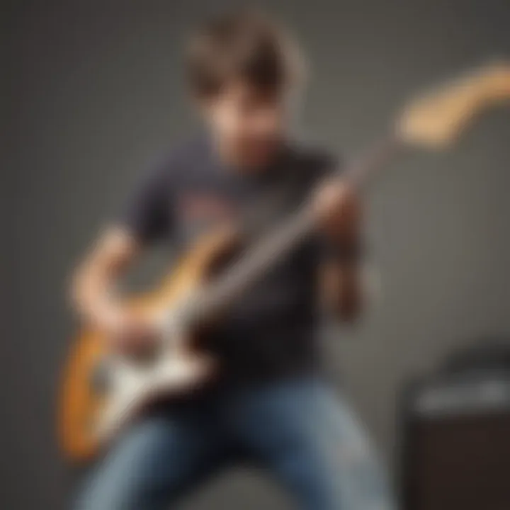 Teenage boy playing electric guitar