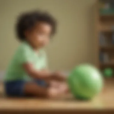 Young child engaged in learning and play with a green bouncy ball