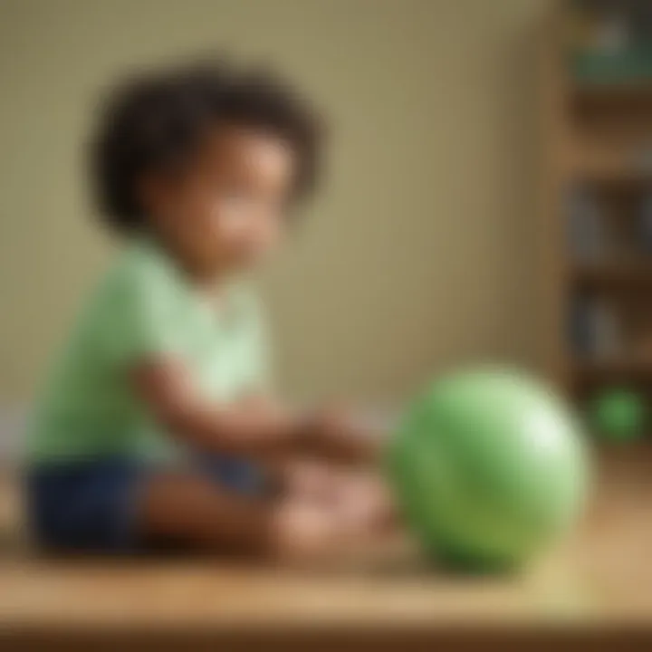 Young child engaged in learning and play with a green bouncy ball