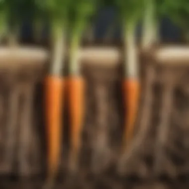 Close-up of carrot roots developing underground