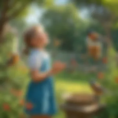 Joyful Child Watching Birds Happy child observing birds enjoying the feeder in a garden