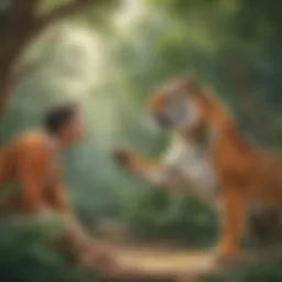 A zoo keeper interacting with a majestic tiger in its habitat
