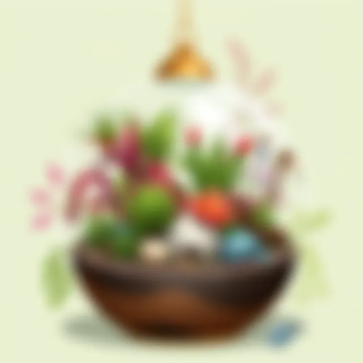An artistic arrangement of a completed terrarium showcasing diverse plants.