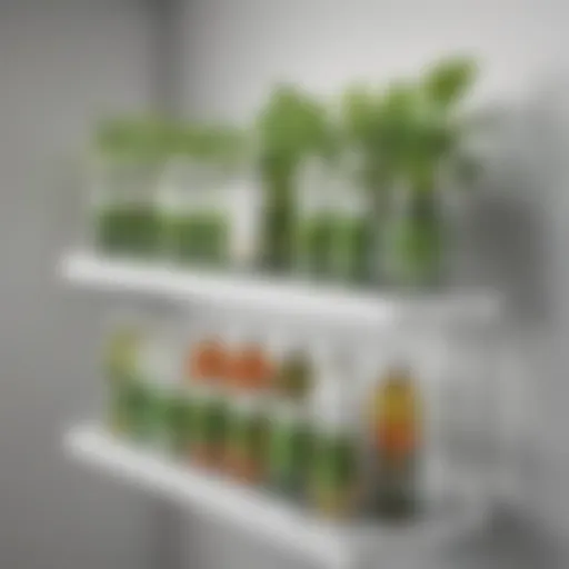 Hydroponic nutrient solution bottles on a sleek modern shelf