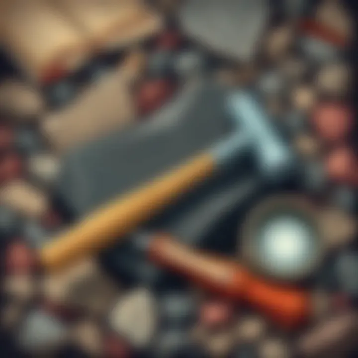 Basalt Rock and Tools A geological hammer resting on a bed of basalt rock