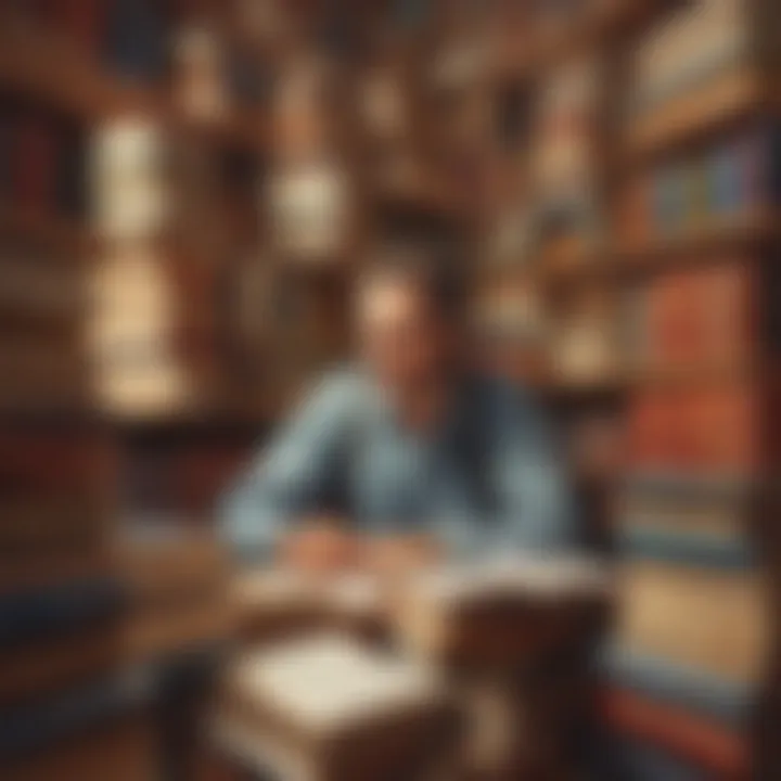 Illustration depicting a writer surrounded by stacks of books