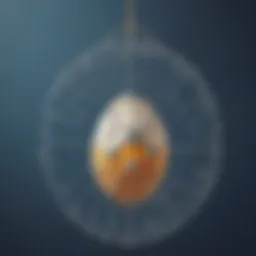 Egg secured in intricate web of strings suspended in mid-air