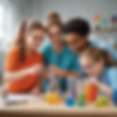 Illustration of kids collaborating on a science project with colorful beakers and tools