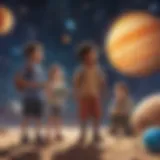 Illustration of kindergarten students exploring a model solar system