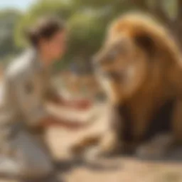 Zookeeper conducting behavioral study on a lion