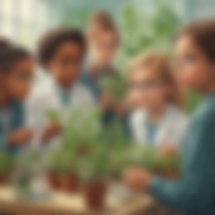 Illustration of a diverse group of children observing plant growth in a science lab