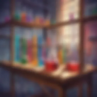 Illustration of colorful test tubes and beakers in a science lab