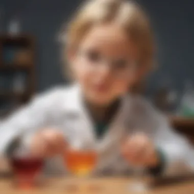 An illustration of a curious child conducting a science experiment in a laboratory setting