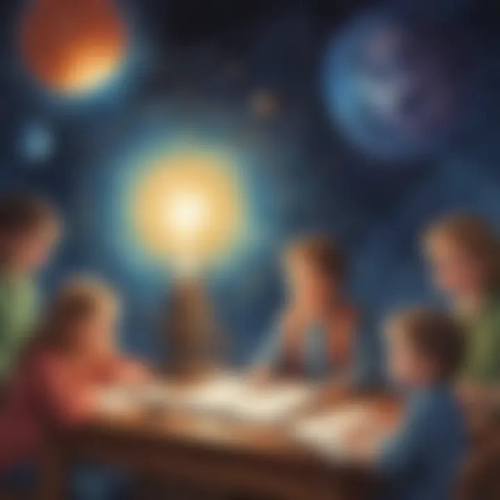 Illustration of a group of children learning about physics concepts