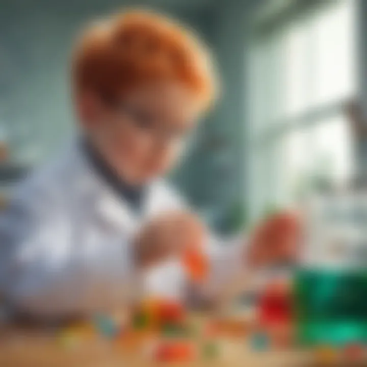 Young scientist observing gummy bear mixture in beaker