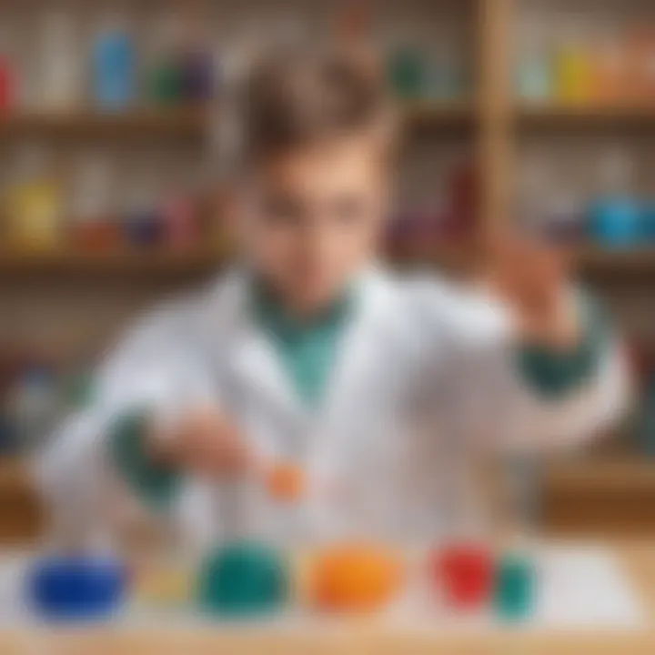 Child conducting chemistry experiment with colorful liquids