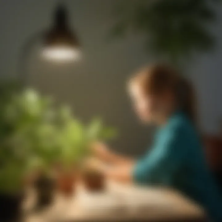 Child observing plant growth under different light conditions