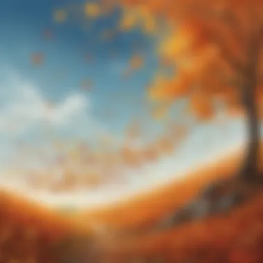 Illustration of a windy day with leaves swirling in the air