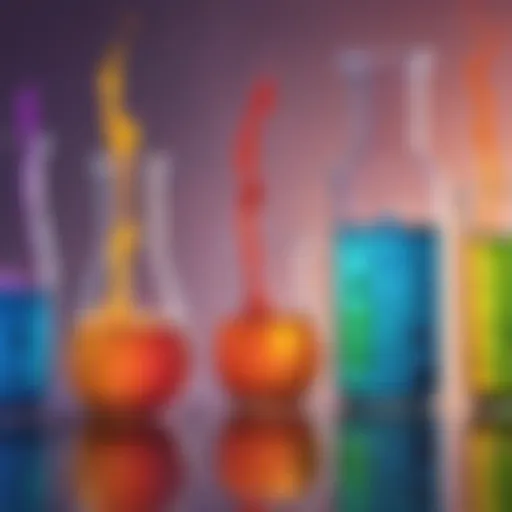 Colorful chemical reactions in glass beakers