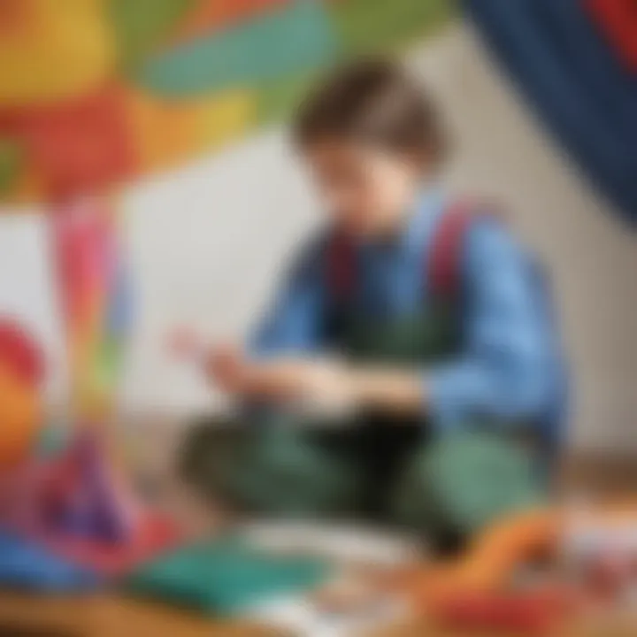 A child assembling a parachute with strings and fabric