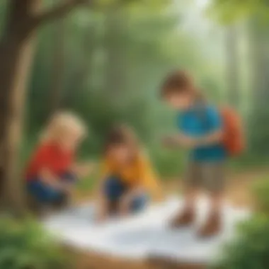Children exploring math concepts through a nature scavenger hunt.
