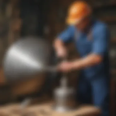 Metalworker hammering metal sheet into round shape