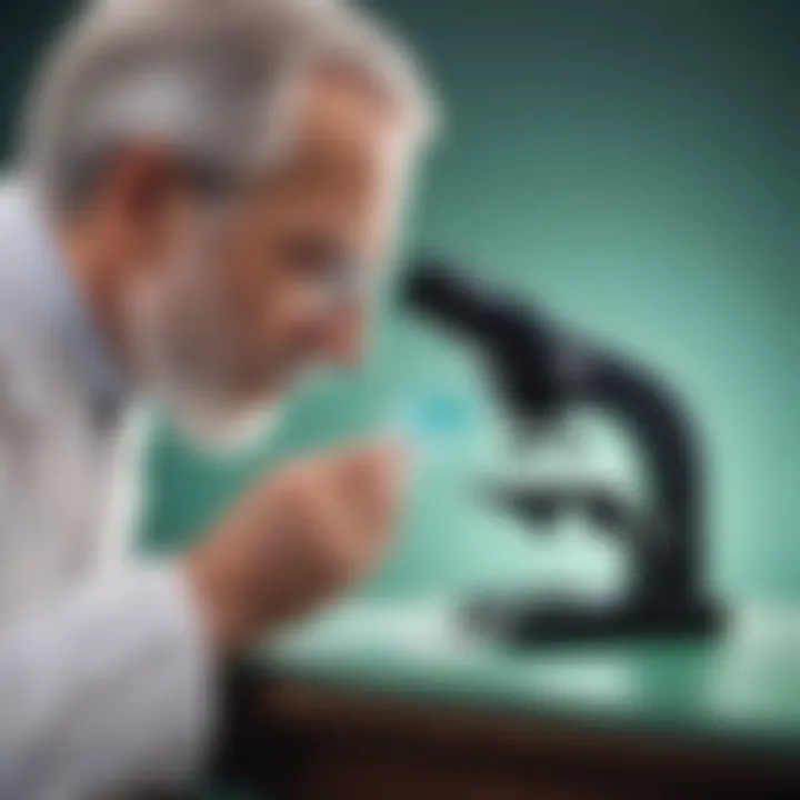 Scientist examining a microscope slide under a powerful microscope