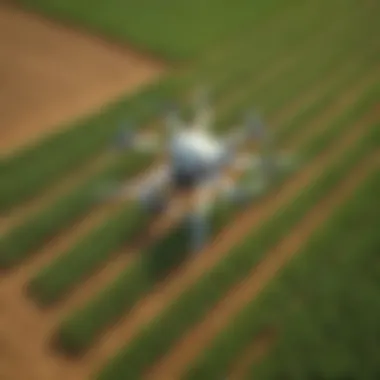 Aerial view of mini drone surveying agricultural field