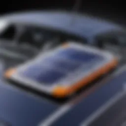 A close-up view of a miniature solar powered car showcasing its solar panels.