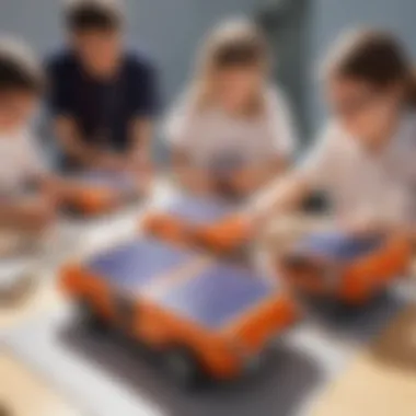 A group of students conducting experiments with mini solar powered cars.