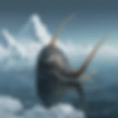 The Iconic Tusk of the Narwhal Narwhal swimming in icy waters showcasing its long tusk