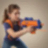 Young girl aiming with Nerf blaster at target
