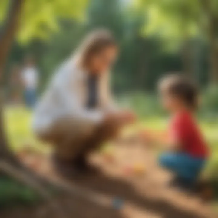 Educator guiding preschoolers in outdoor science experiment