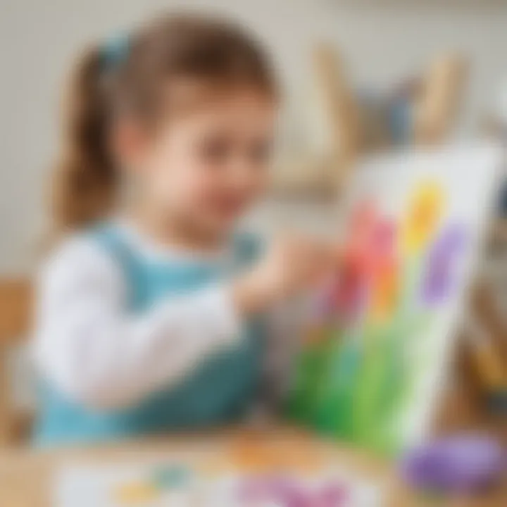 Preschooler painting spring flowers on canvas