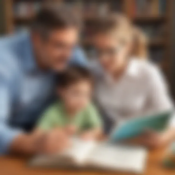 Illustration of a parent and child reading a science-themed article together