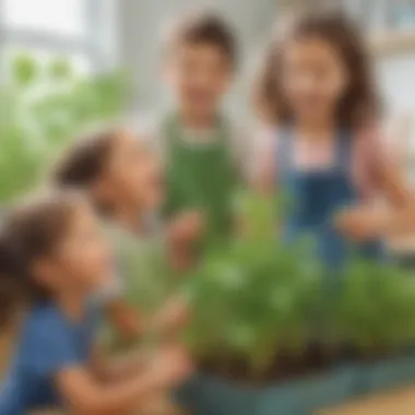 Excited children observing plant growth